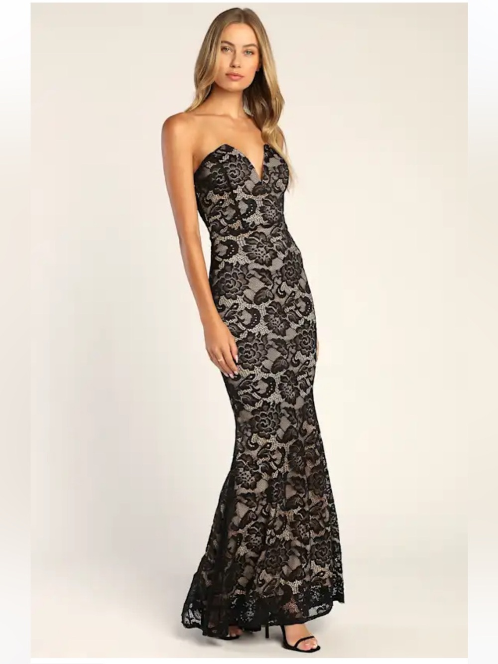 Lulus Black Lace Strapless Trumpet Maxi Dress NWT Size Large Evening Romantic